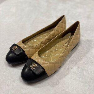 Chanel Beige & Black Quilted Flats with CC Logo